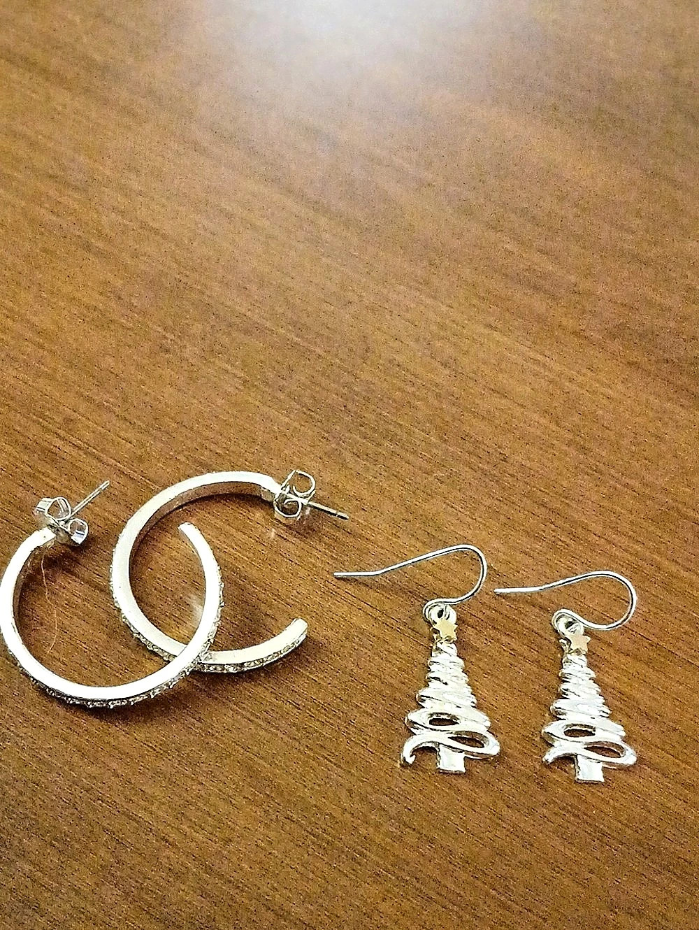 Vintage Sparkly Holiday Silver-Tone Hoop & Dangle Christmas Tree Earrings